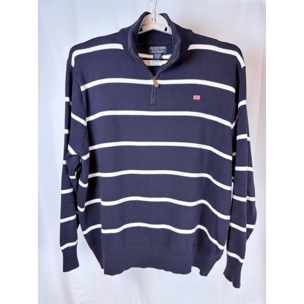 Polo Jeans Ralph Lauren Men 3XL Navy Blue White Striped 1/4 Zip Sweater Varsity